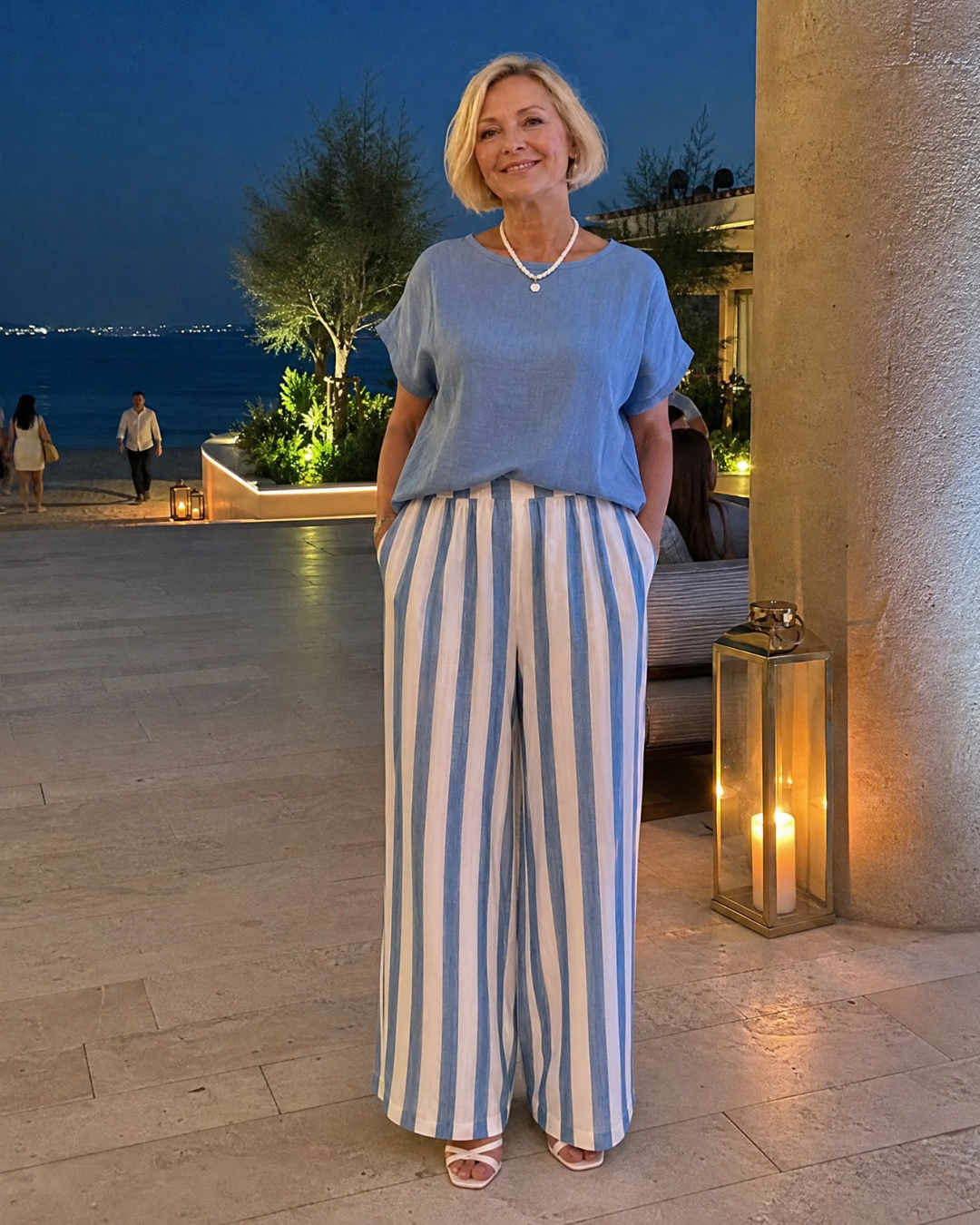 Miolna | Linen Blend Top And Striped Wide Leg Pants Set