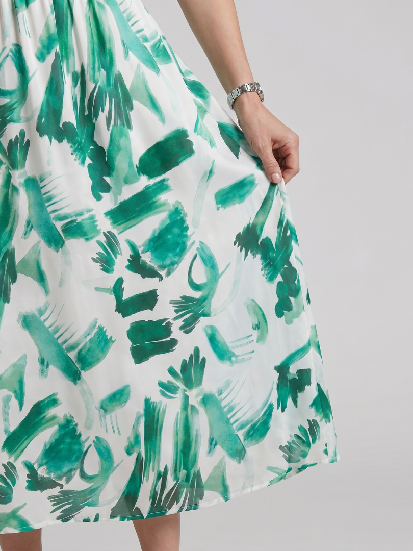 Candlia | Puff Sleeve V-Neck Abstract Print Midi Dress