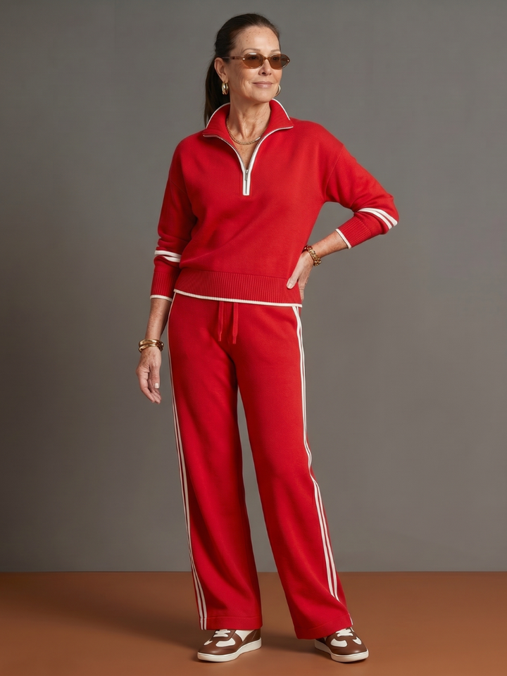 Rain | Zip Neck Long Sleeve Side Stripe Leg Pants Set