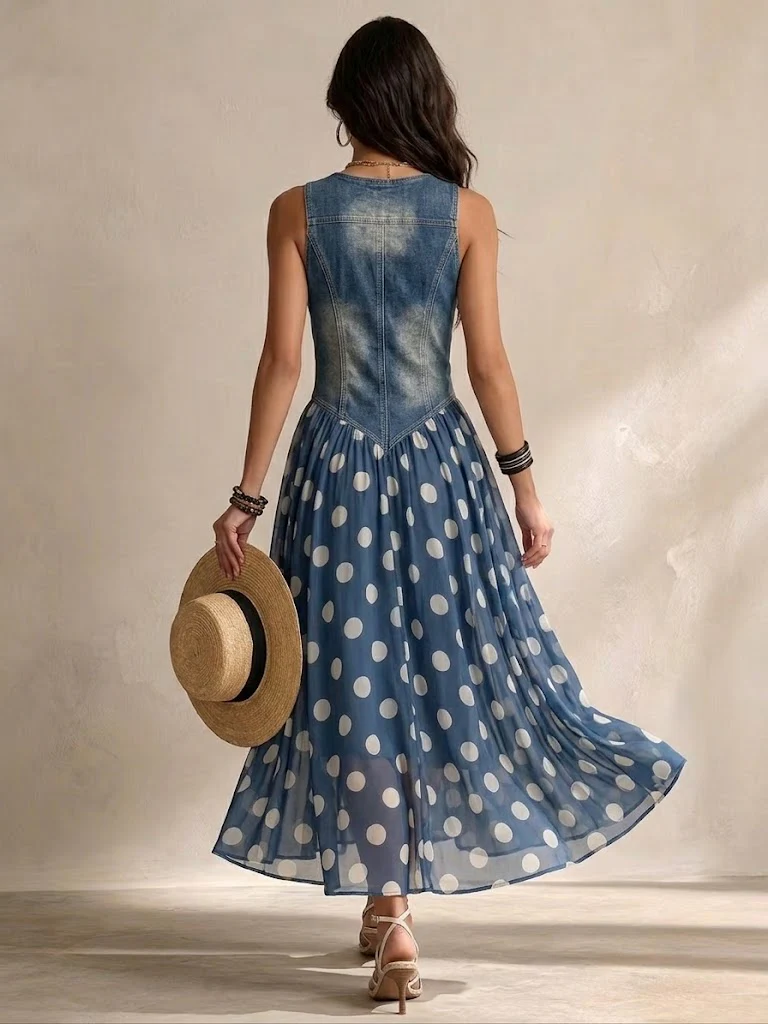 Jasmin | Denim Dress With Polka Dot Chiffon Skirt