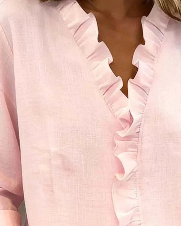 Audrey | Blouse with Ruffles, V-Neck and Long Sleeves