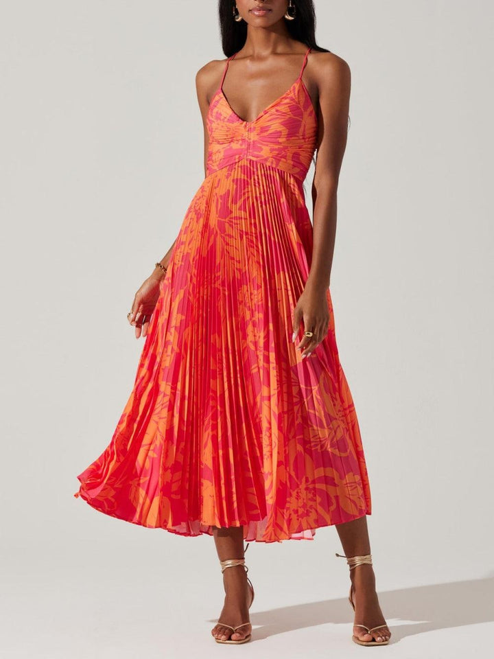 Heather | Coastal Chic Elegant Floral Print Pleats Midi Dress Collection