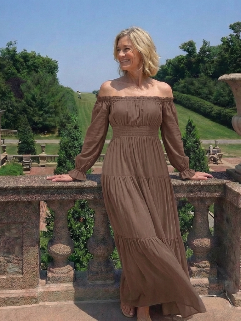 Aveline | Off Shoulder Long Sleeve Smocked Maxi Dress