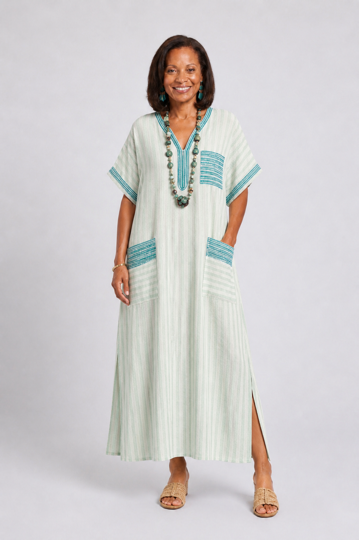 Velis | Striped V-Neck Pocket Midi Dress
