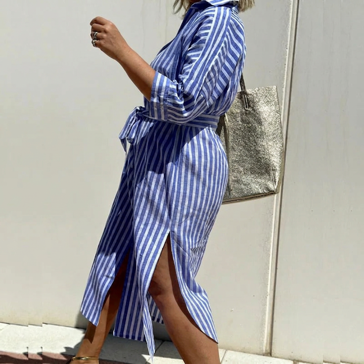 Harlow | Linen Button-Down Stripe Shirt Dress