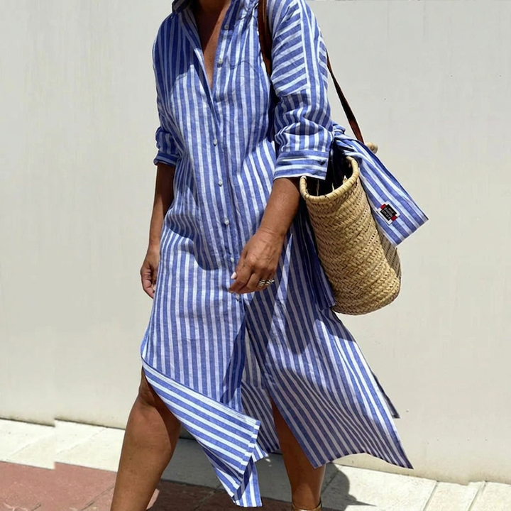 Harlow | Linen Button-Down Stripe Shirt Dress
