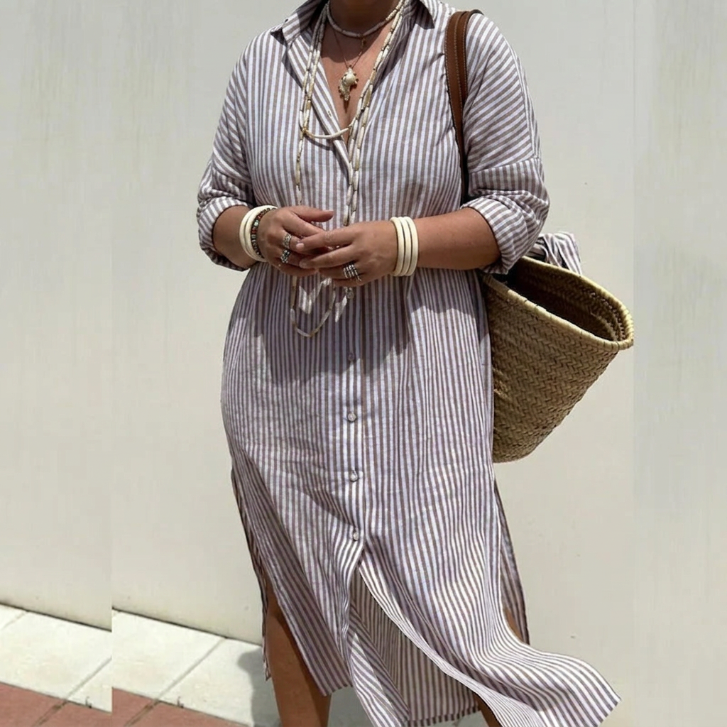 Harlow | Linen Button-Down Stripe Shirt Dress