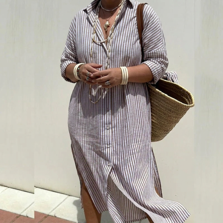 Harlow | Linen Button-Down Stripe Shirt Dress