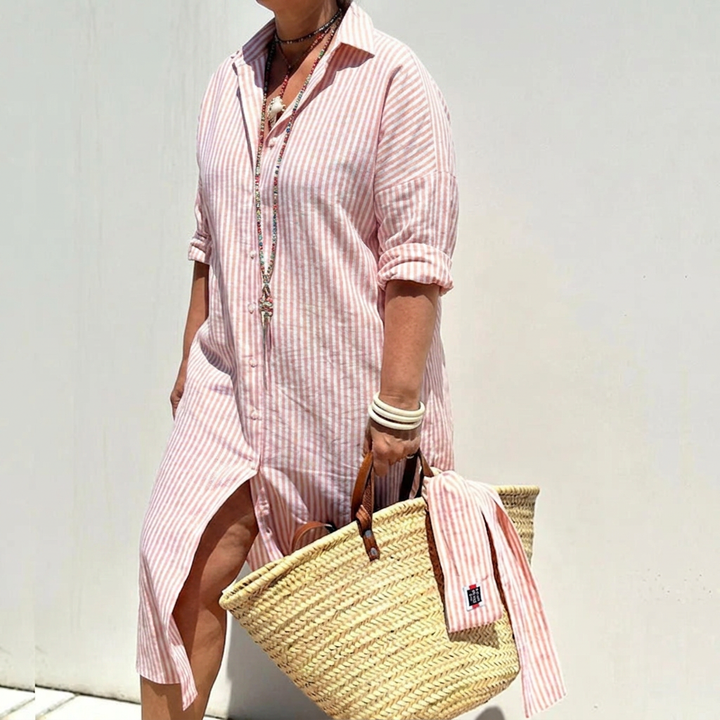 Harlow | Linen Button-Down Stripe Shirt Dress