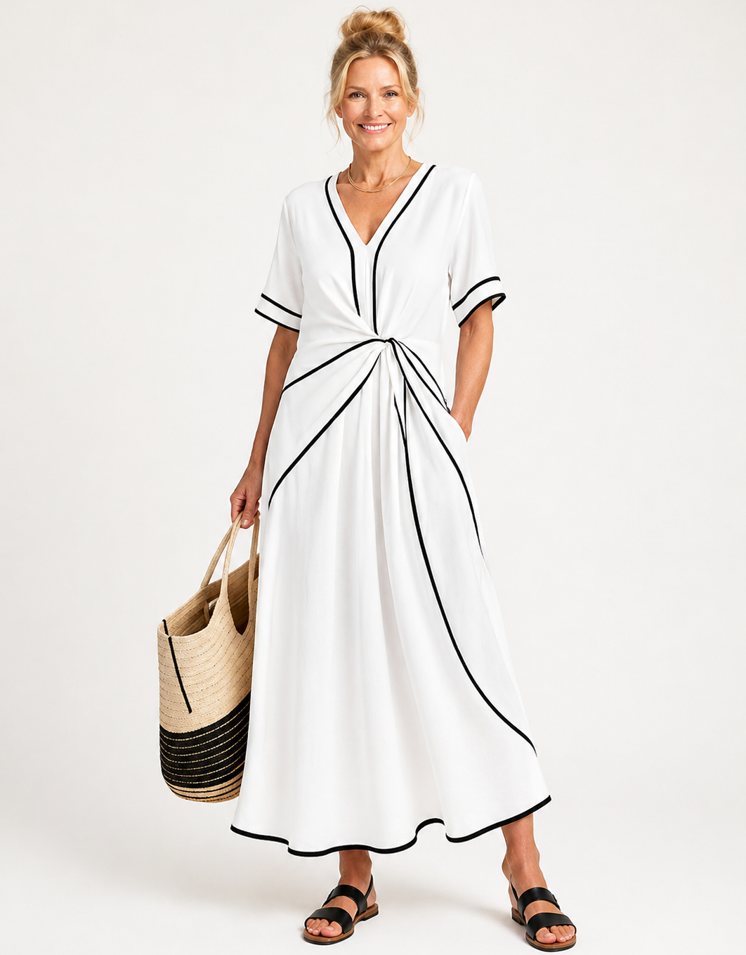 Linnea | V-Neck Short Sleeve Gathered Waist Midi Dress