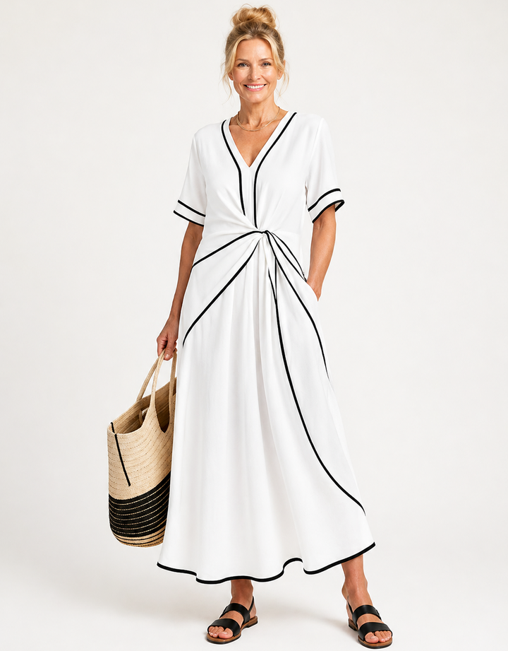 Linnea | V-Neck Short Sleeve Gathered Waist Midi Dress