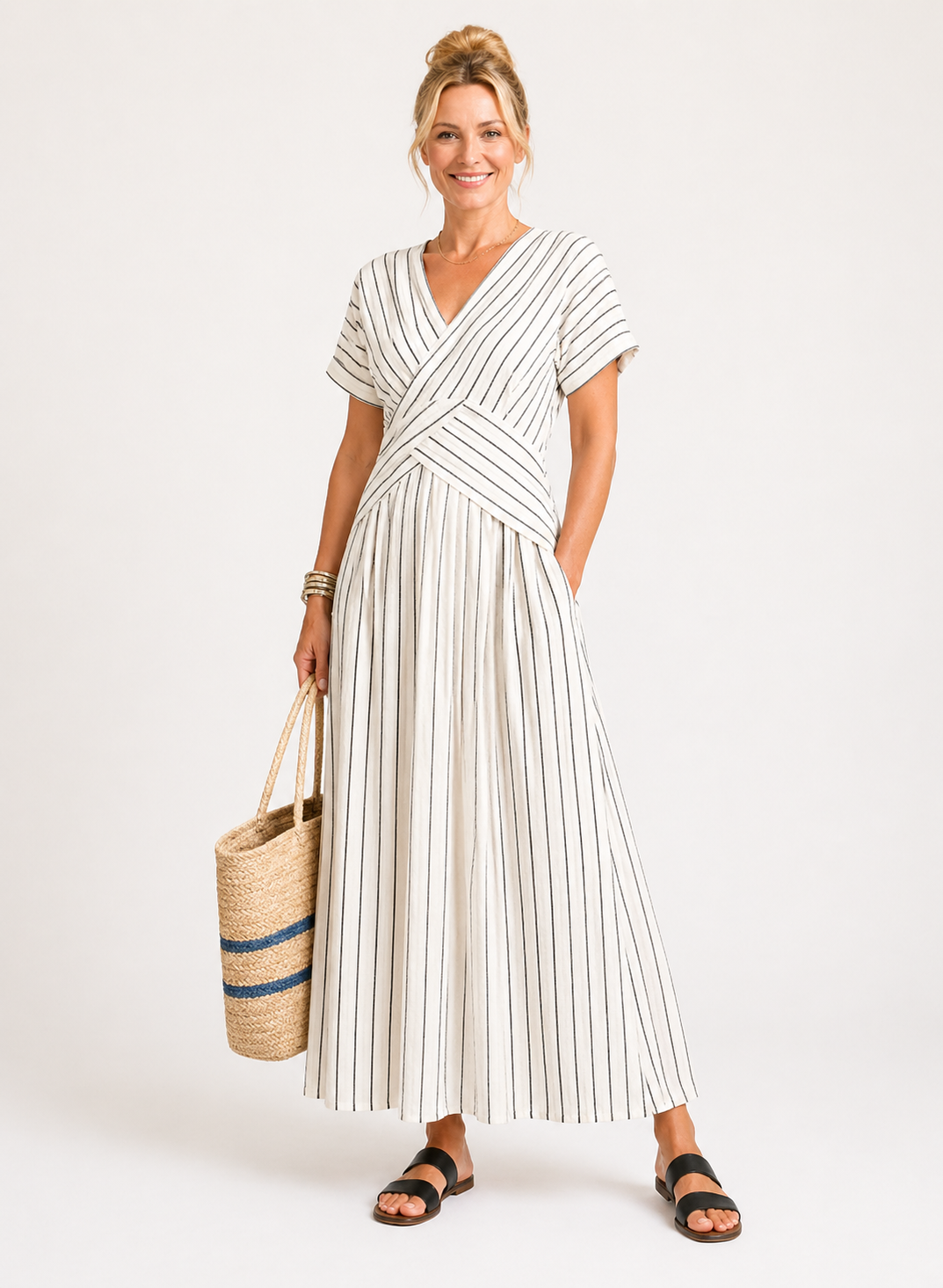 Cressida | V-Neck Short Sleeve Cross Waist Midi Dress