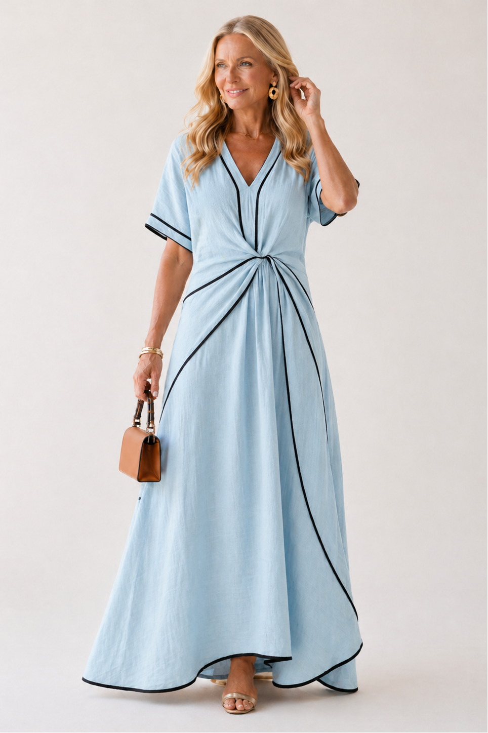 Linnea | V-Neck Short Sleeve Gathered Waist Midi Dress