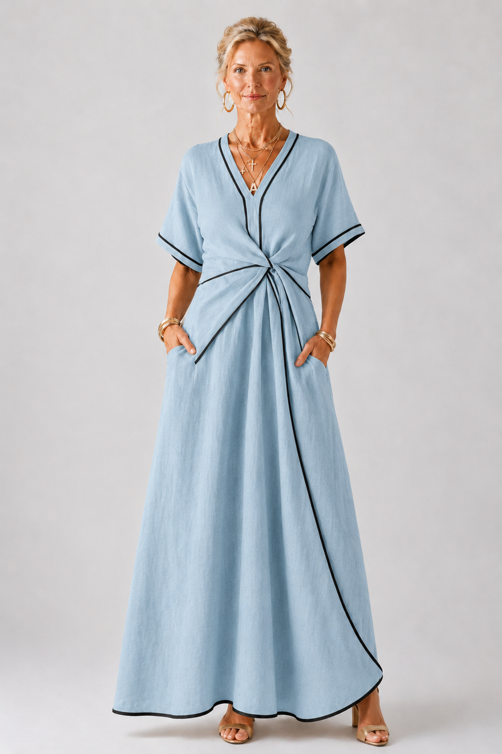 Linnea | V-Neck Short Sleeve Gathered Waist Midi Dress