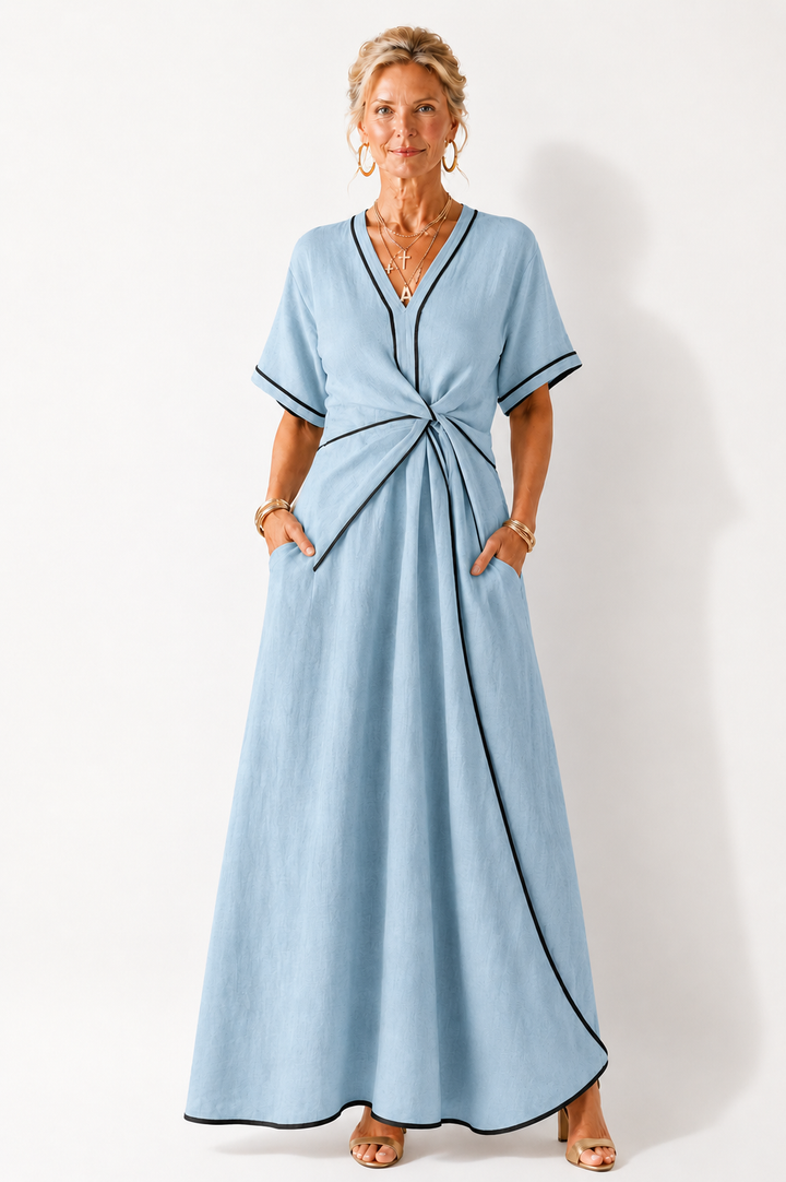 Linnea | V-Neck Short Sleeve Gathered Waist Midi Dress