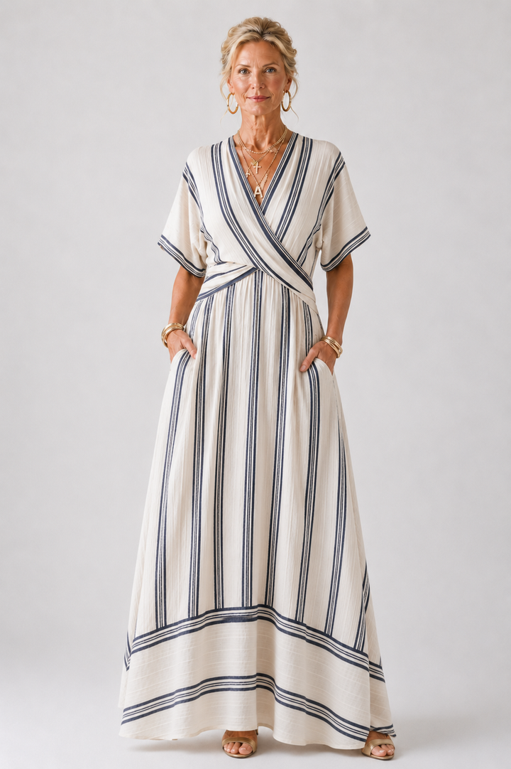 Thalassa | V-Neck Short Sleeve Wrap Waist Midi Dress
