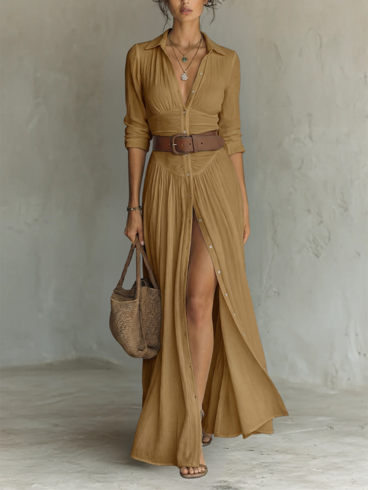 Pamela | Long Maxi Dress with Notched Collar and Long Sleeves for Women
