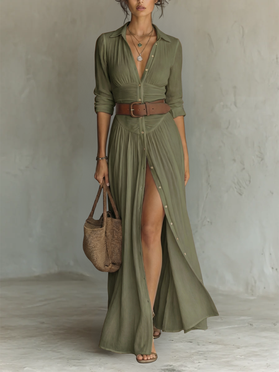 Pamela | Long Maxi Dress with Notched Collar and Long Sleeves for Women