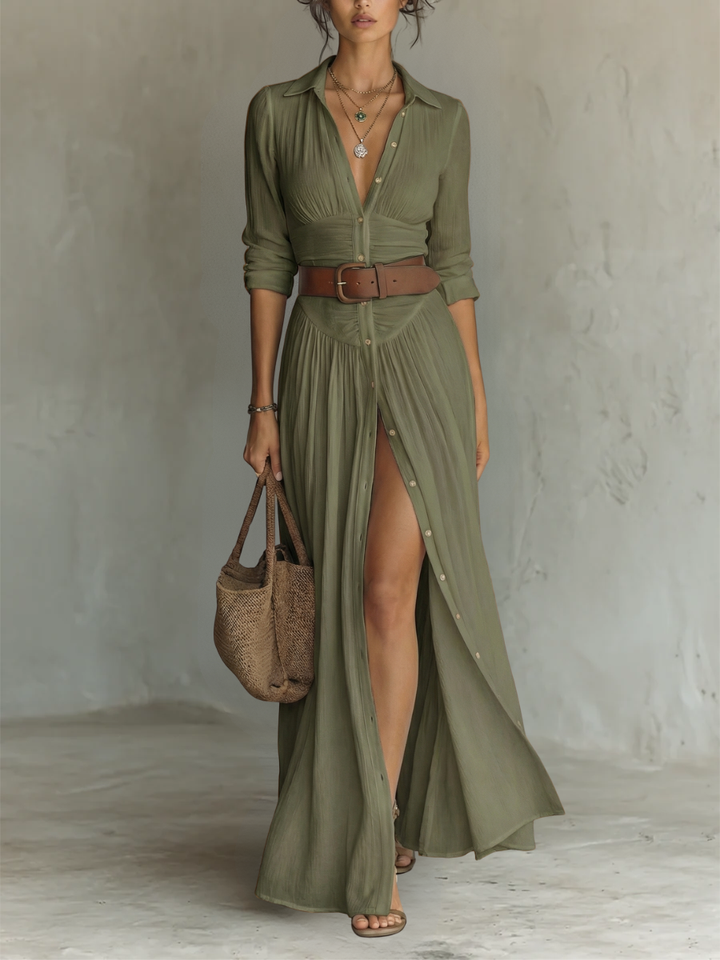 Pamela | Long Maxi Dress with Notched Collar and Long Sleeves for Women