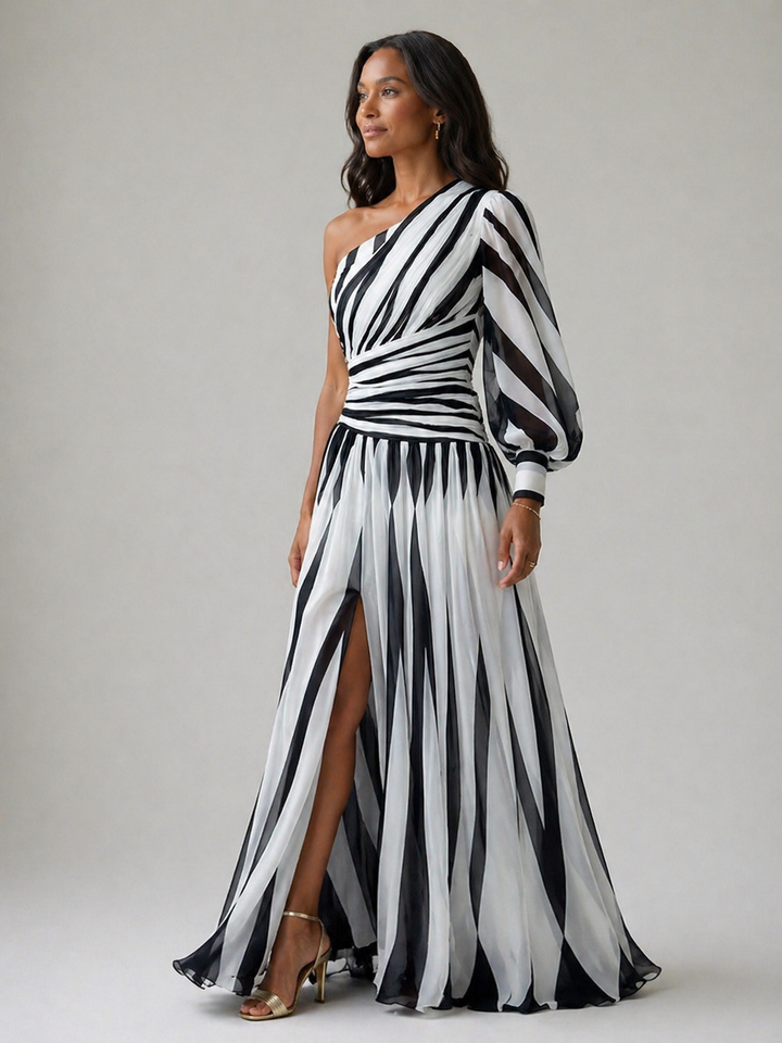 Pearl | Elegant Striped Maxi Dress with One Shoulder