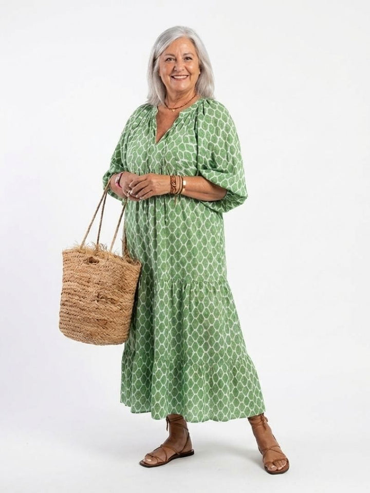 Apolline | Three Quarter Sleeve V-Neck Patterned Midi Dress
