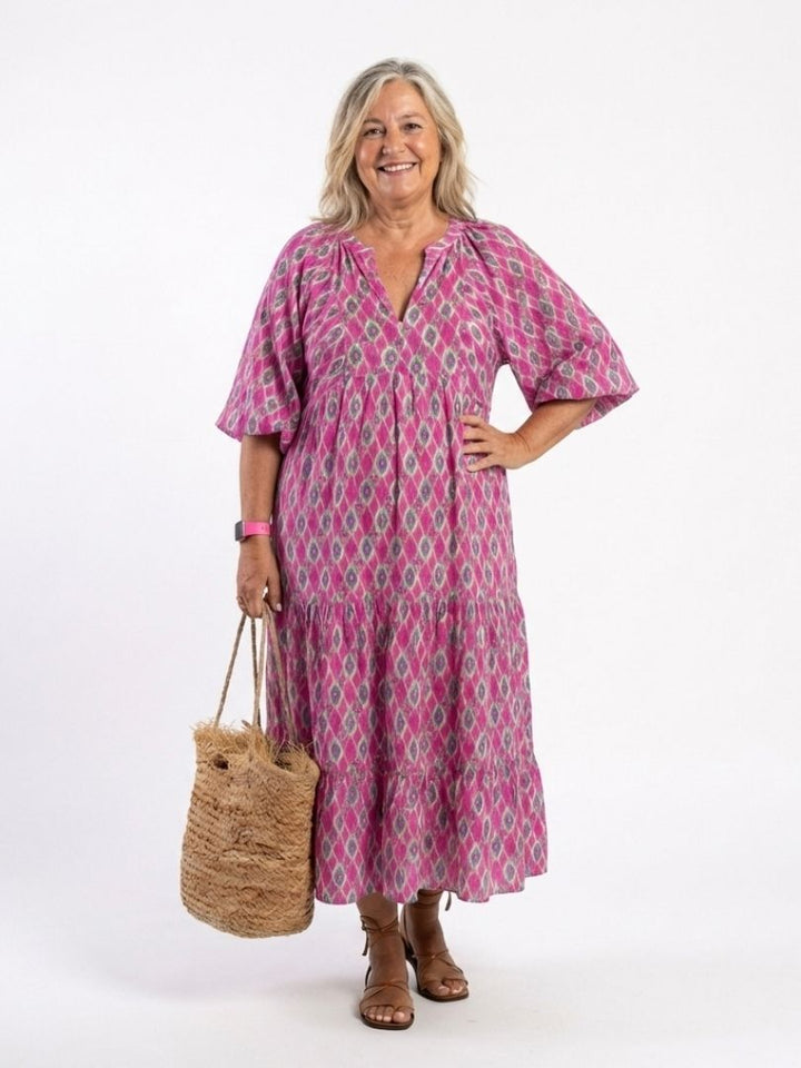 Apolline | Three Quarter Sleeve V-Neck Patterned Midi Dress