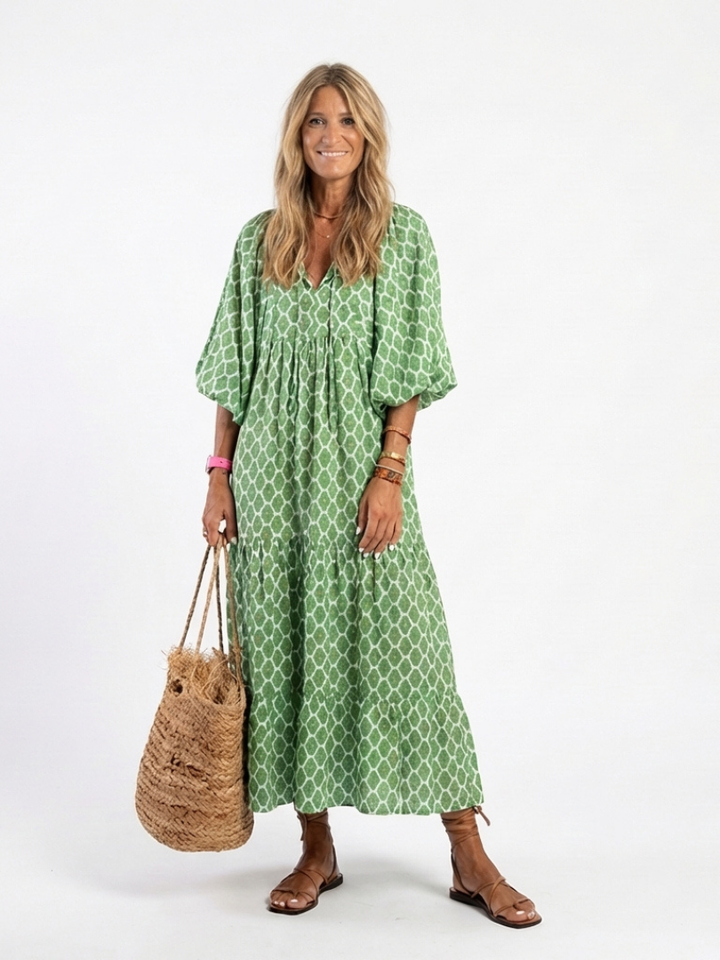 Apolline | Three Quarter Sleeve V-Neck Patterned Midi Dress