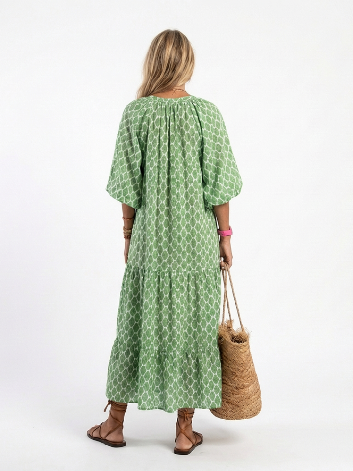Apolline | Three Quarter Sleeve V-Neck Patterned Midi Dress