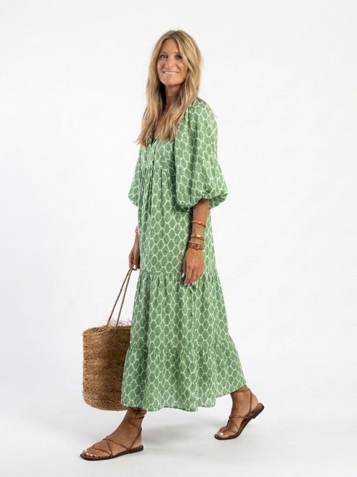 Apolline | Three Quarter Sleeve V-Neck Patterned Midi Dress