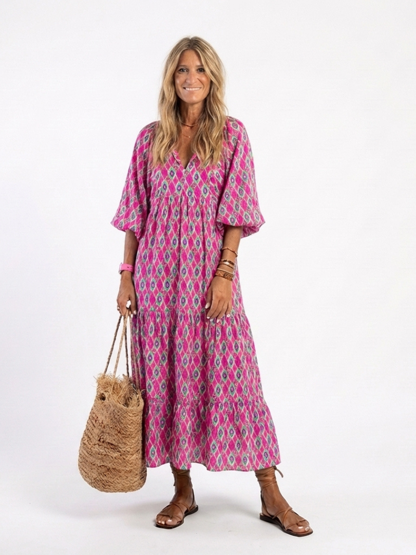 Apolline | Three Quarter Sleeve V-Neck Patterned Midi Dress