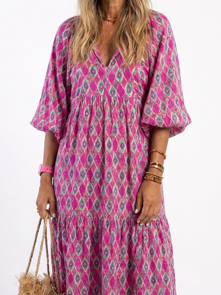 Apolline | Three Quarter Sleeve V-Neck Patterned Midi Dress