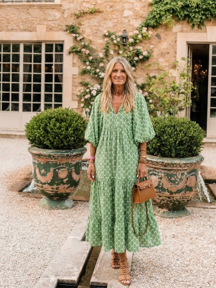 Apolline | Three Quarter Sleeve V-Neck Patterned Midi Dress