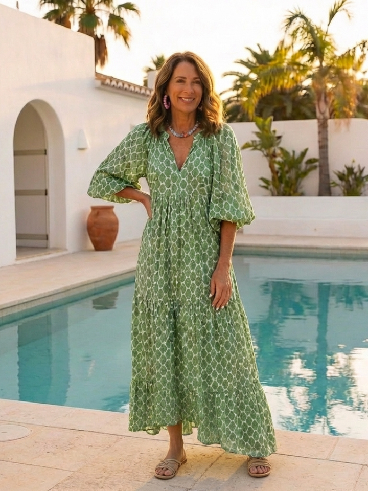 Apolline | Three Quarter Sleeve V-Neck Patterned Midi Dress
