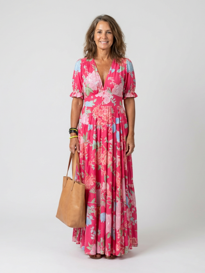 Ione | Short Sleeve V-Neck Floral Midi Dress