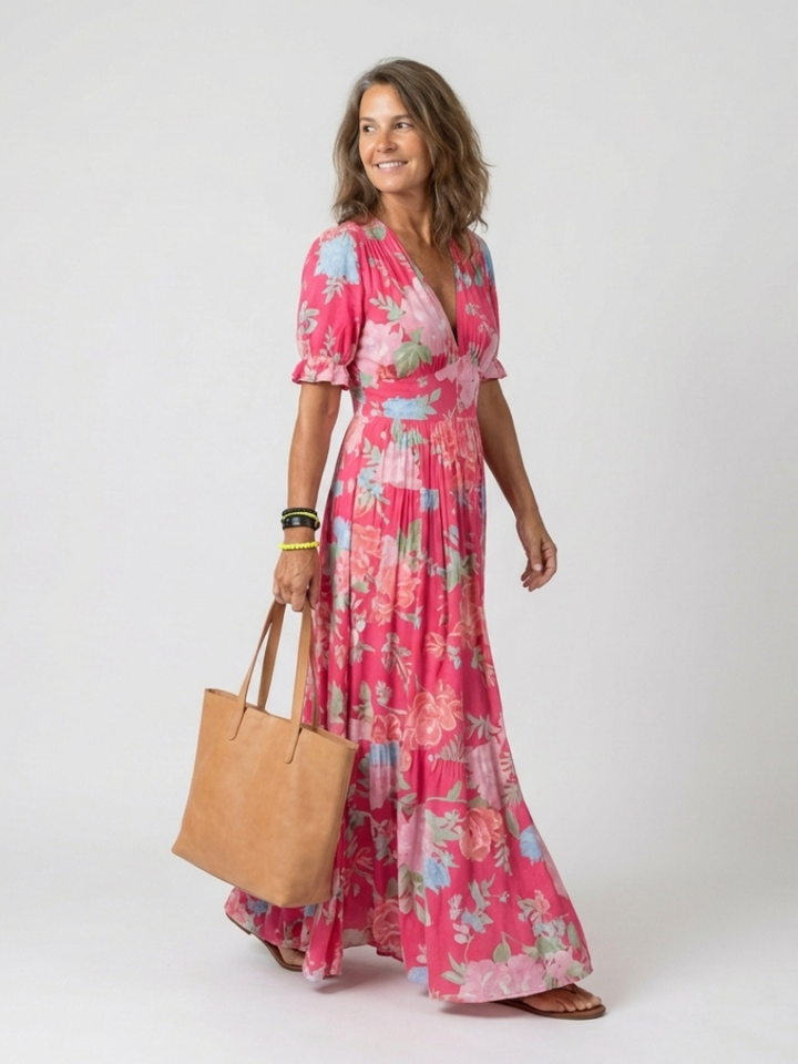 Ione | Short Sleeve V-Neck Floral Midi Dress