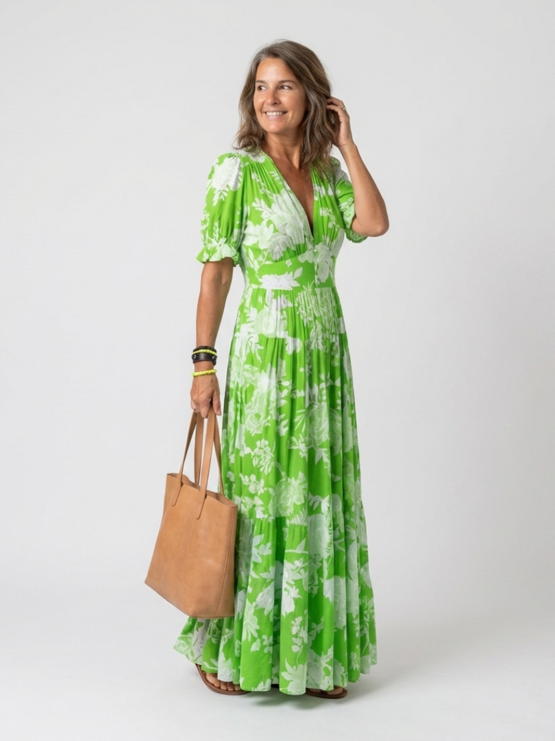 Ione | Short Sleeve V-Neck Floral Midi Dress
