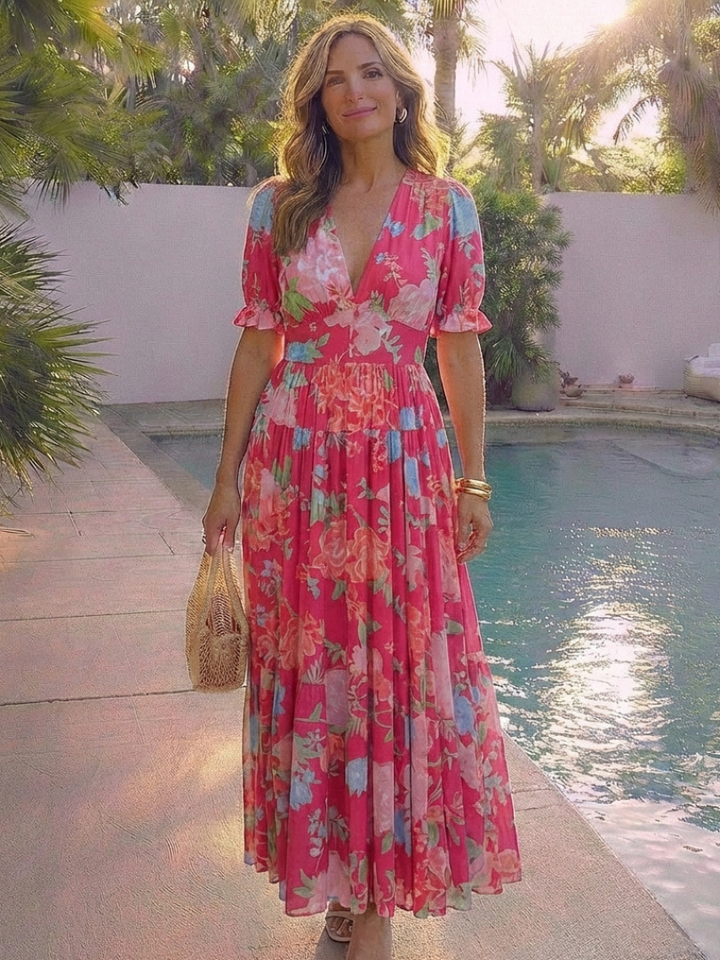 Ione | Short Sleeve V-Neck Floral Midi Dress