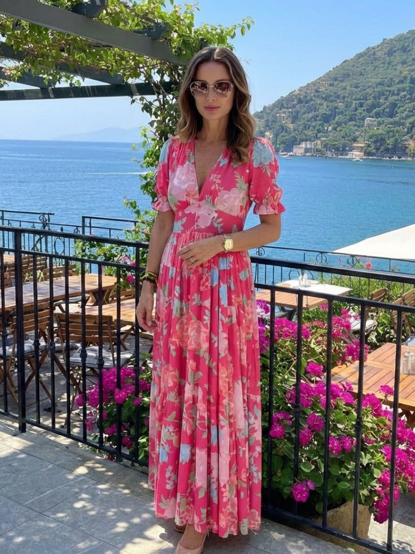 Ione | Short Sleeve V-Neck Floral Midi Dress