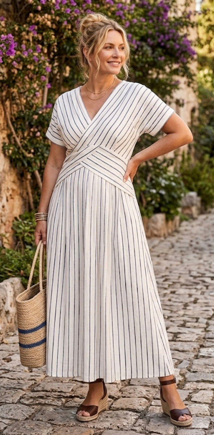Cressida | V-Neck Short Sleeve Cross Waist Midi Dress