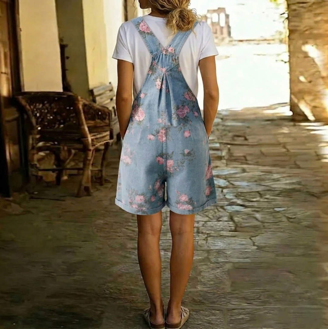 Judy | Vintage Washed Soft Cotton Feel Denim Floral Jumpsuit