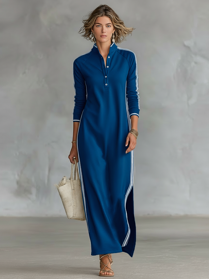 Maxi Sweatshirt Dress for Women with Button-Down Collar and White Trim