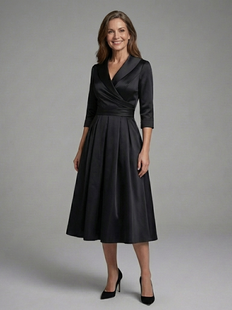 Genevieve | Three Quarter Sleeve Wrap Bodice Midi Dress
