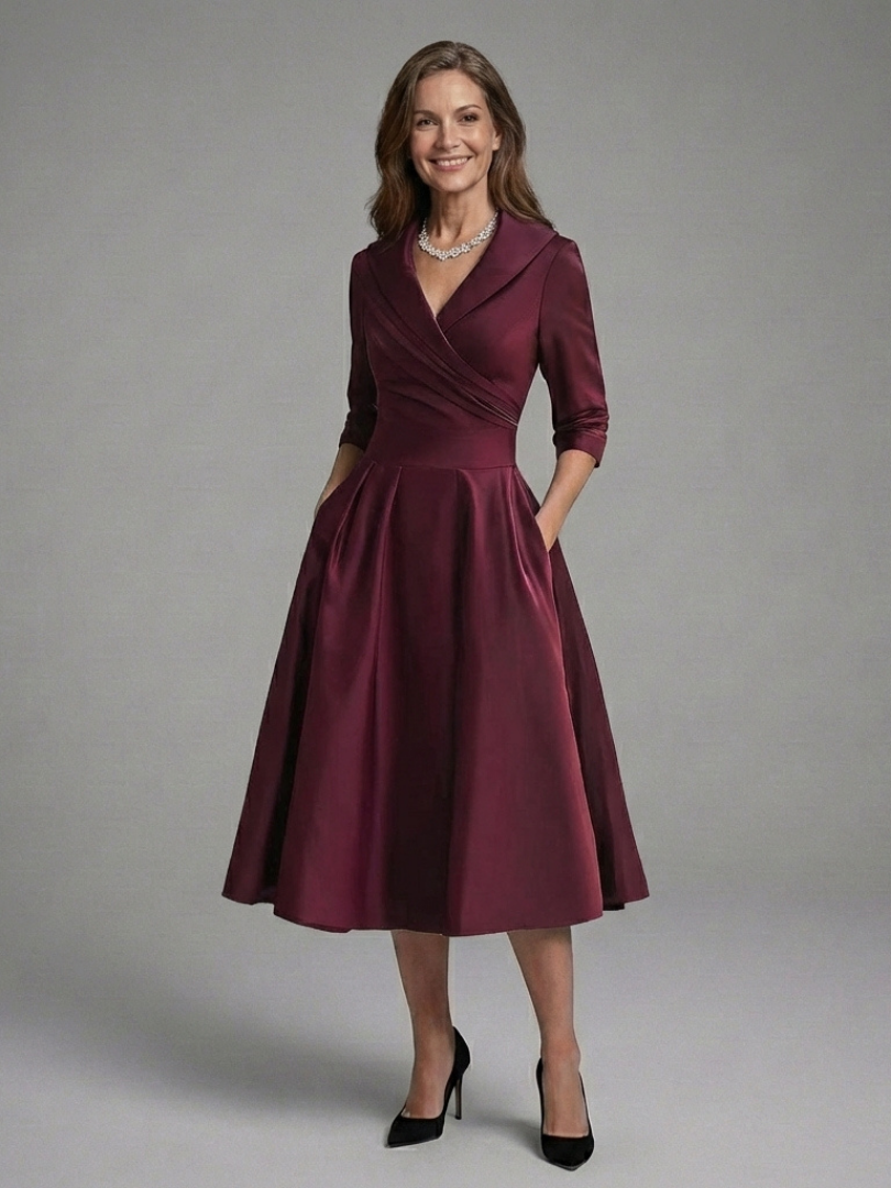 Genevieve | Three Quarter Sleeve Wrap Bodice Midi Dress