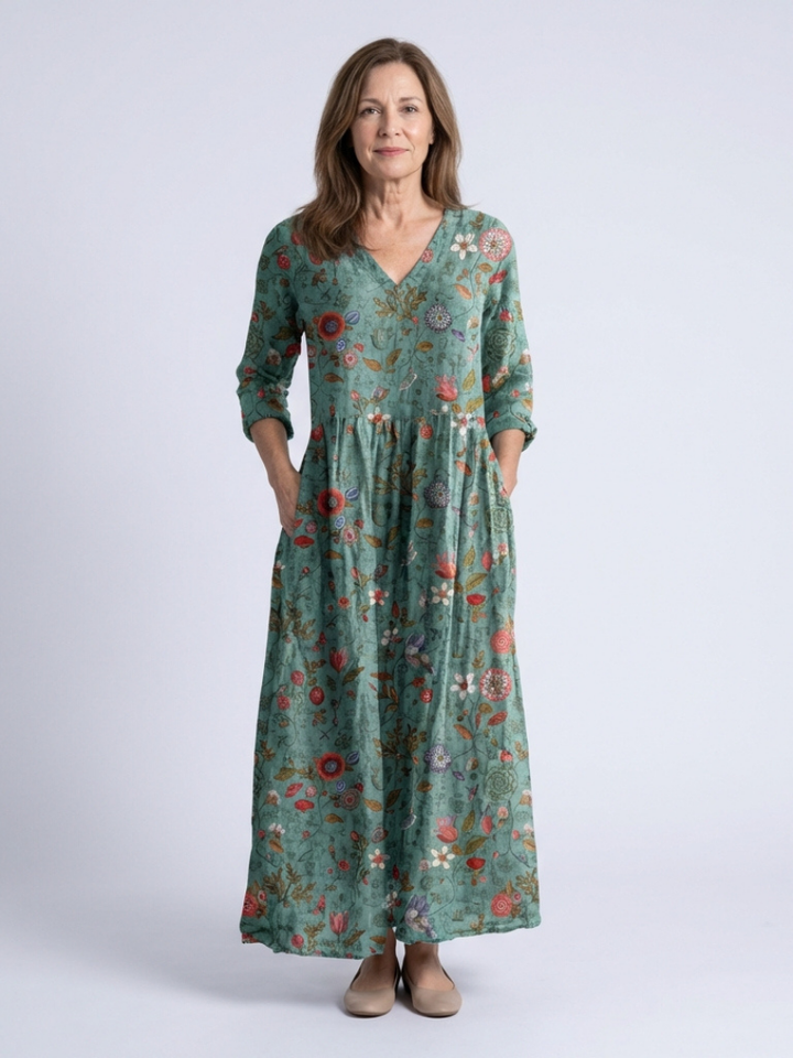 Marina | Floral V-Neck Three Quarter Sleeve Maxi Dress