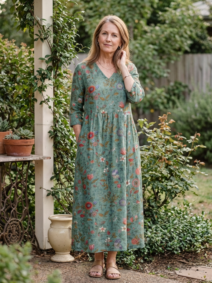 Marina | Floral V-Neck Three Quarter Sleeve Maxi Dress