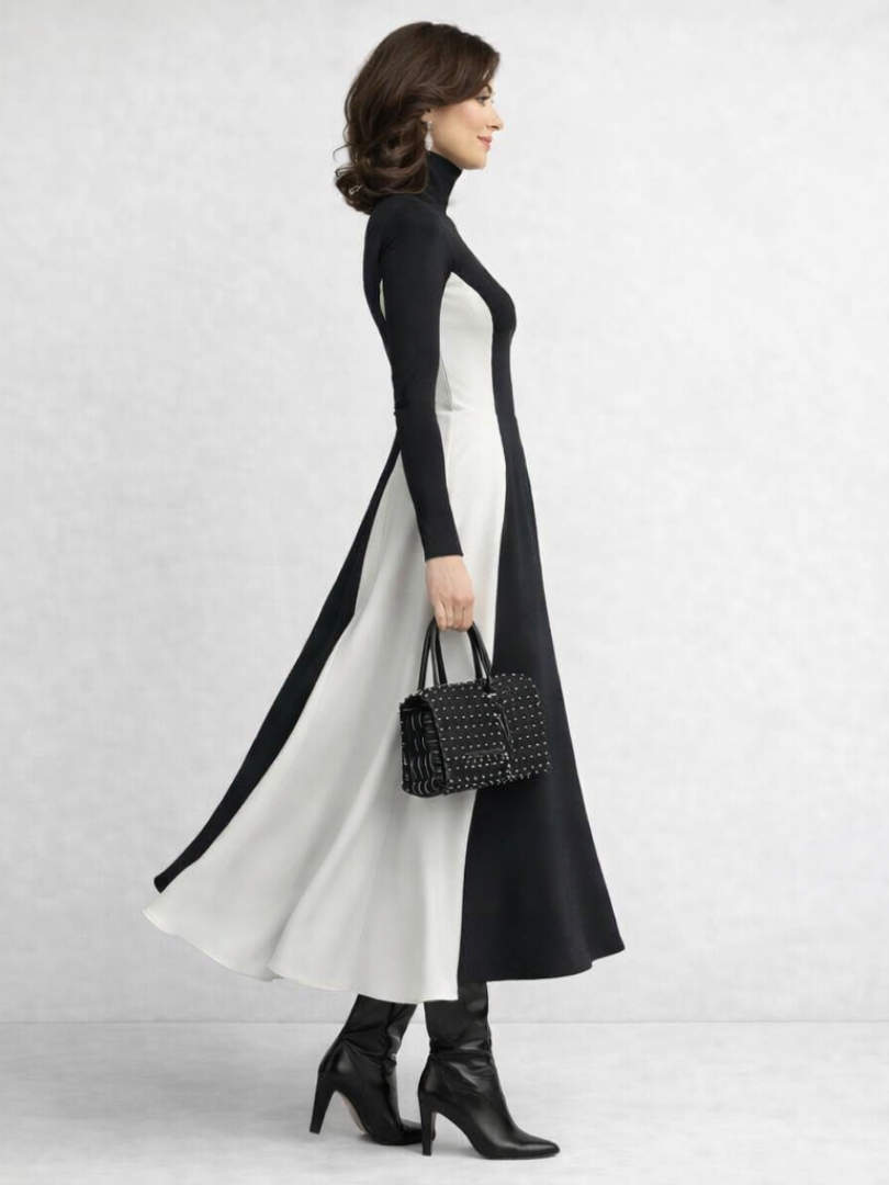 Arden | Sculpted Contrast Turtleneck Maxi Dress