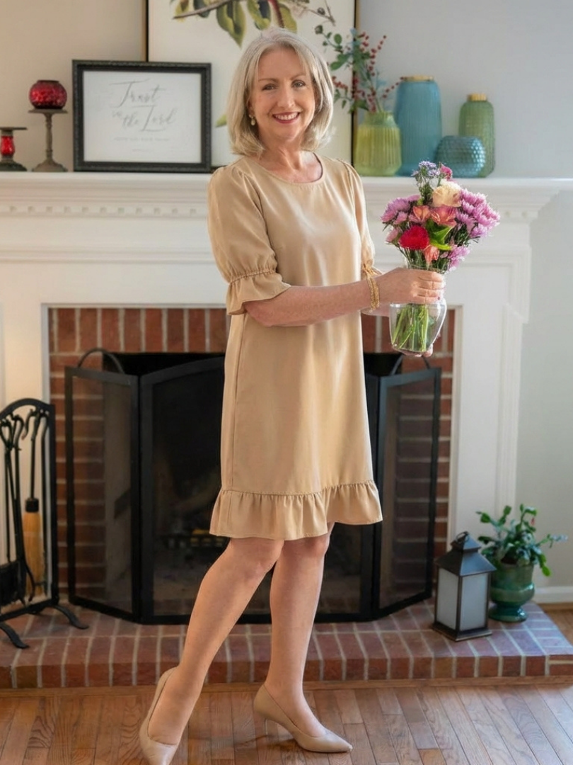 Helen | Short Sleeve Ruffle Hem Knee Length Dress