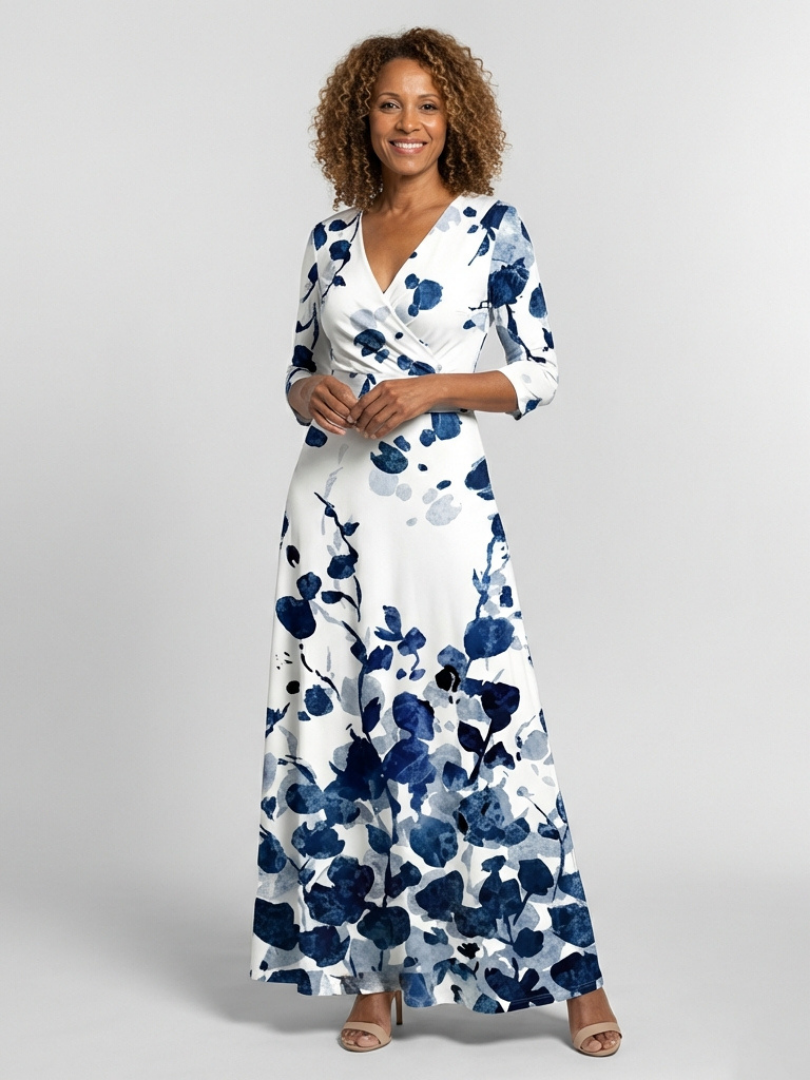 Eleanor | Three Quarter Sleeve V-Neck Floral Maxi Dress