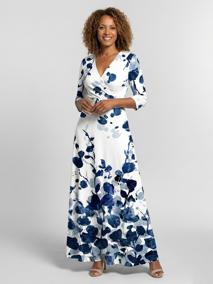 Eleanor | Three Quarter Sleeve V-Neck Floral Maxi Dress