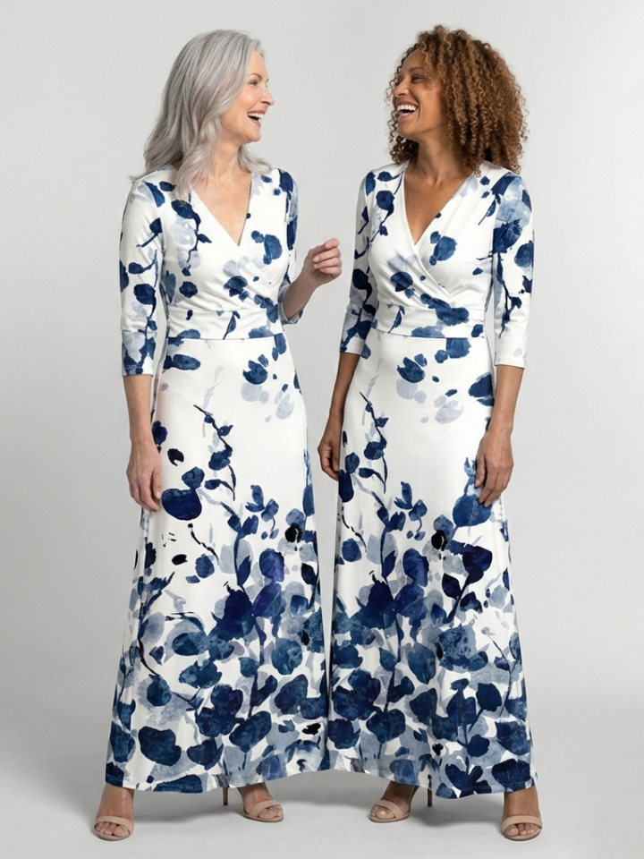 Eleanor | Three Quarter Sleeve V-Neck Floral Maxi Dress